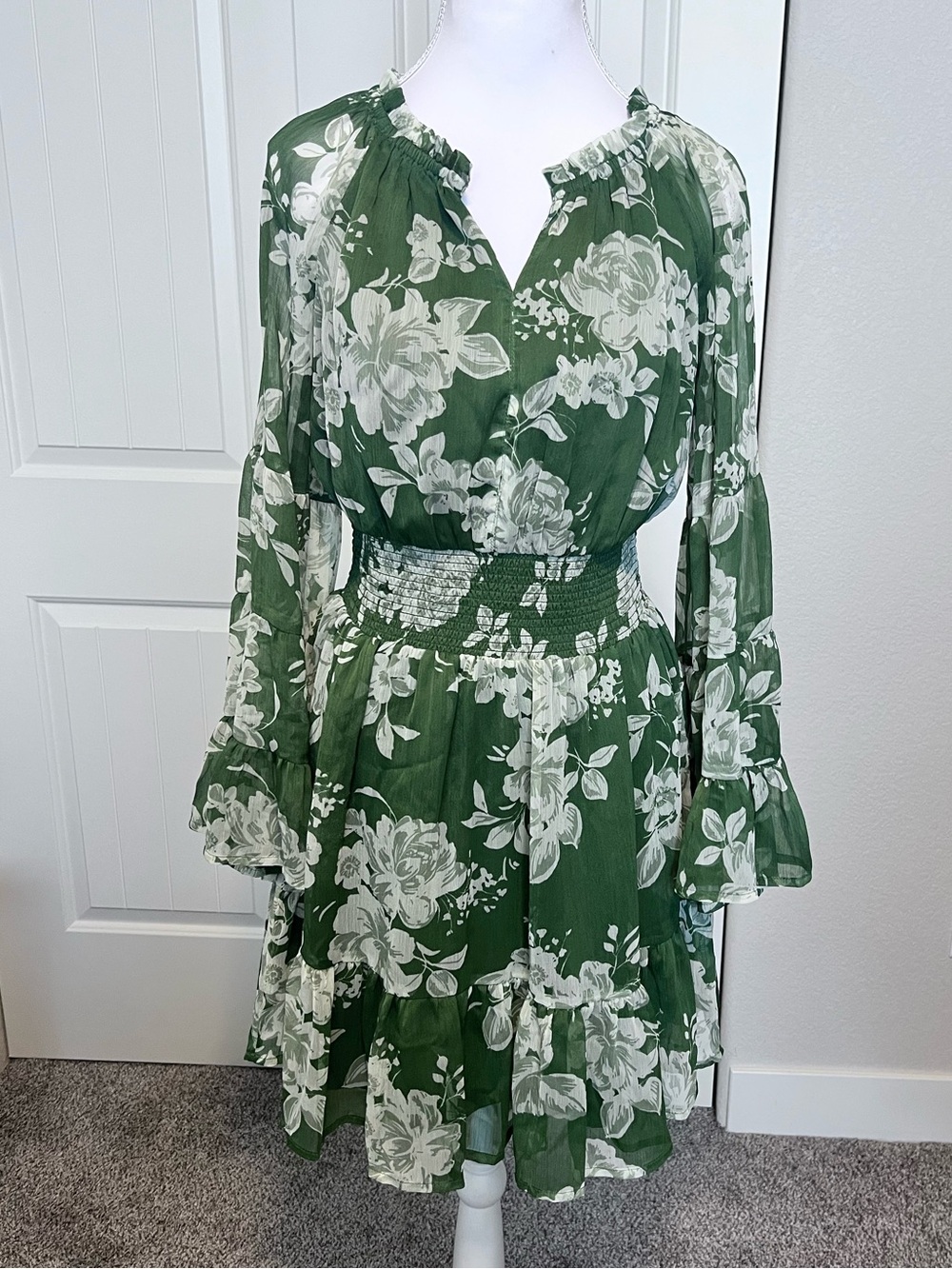 Patrons of Peace Green Floral Smocked Waist Flutter Sheer Sleeve Lined Dress